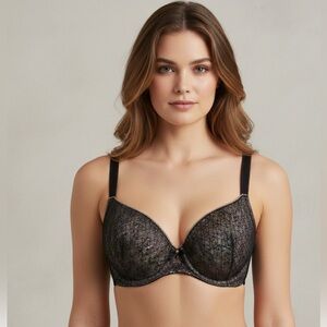 Chantelle Bra Padded Underwire Pretty Lace Overlay & Bows Black Beige